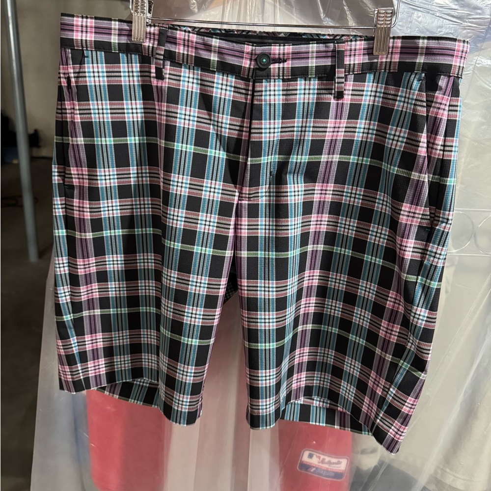 Tommy Bahama Black, Purple, Green, and White Plaid Shorts. Only worn once.